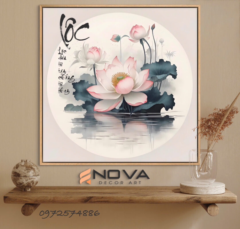 tranh treo tường quán ăn-tranh hoa sen thư pháp