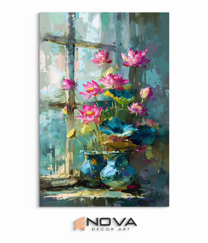 tranh bình sen bên cửa