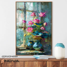 tranh bình sen bên cửa