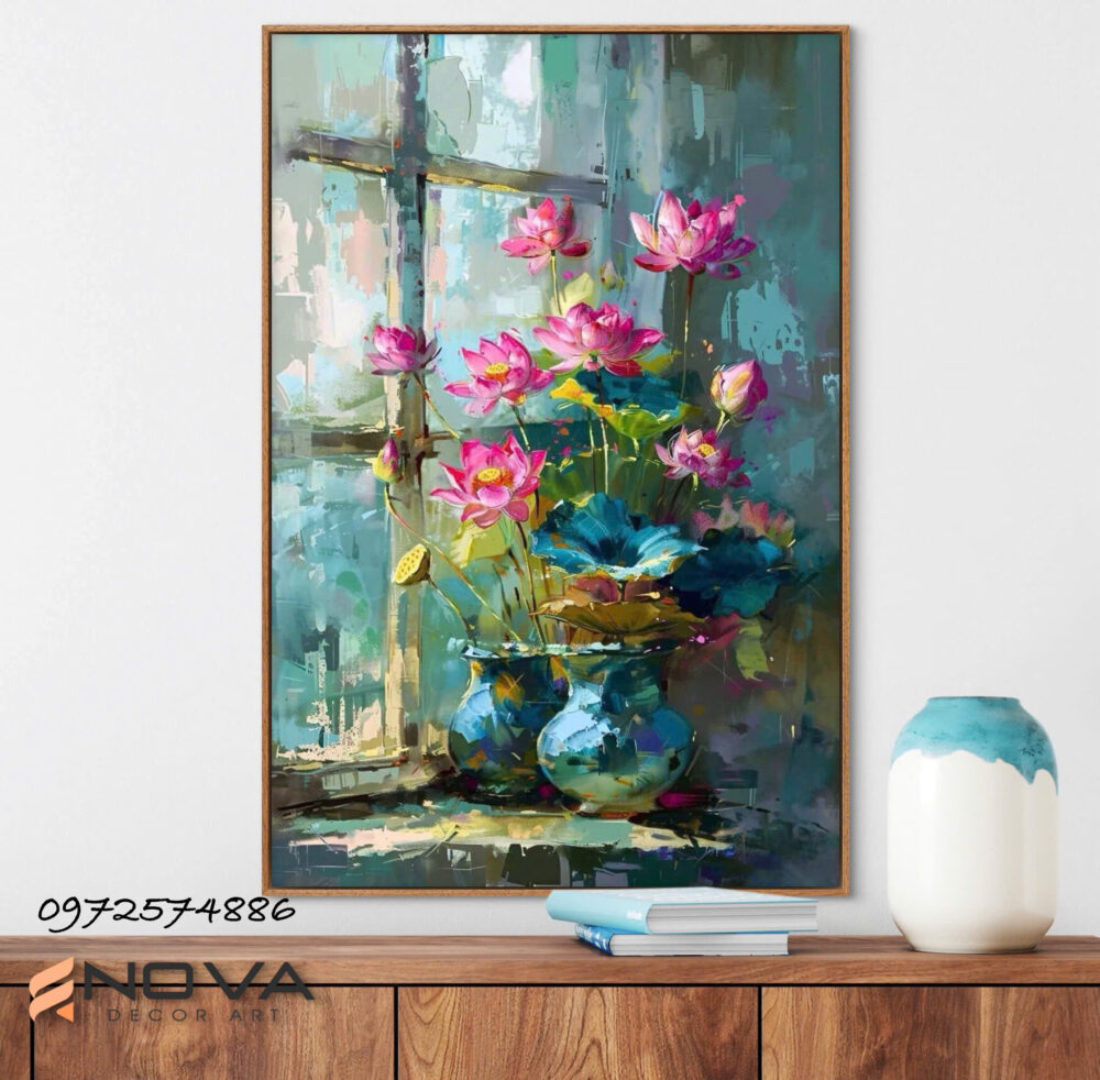 tranh bình sen bên cửa