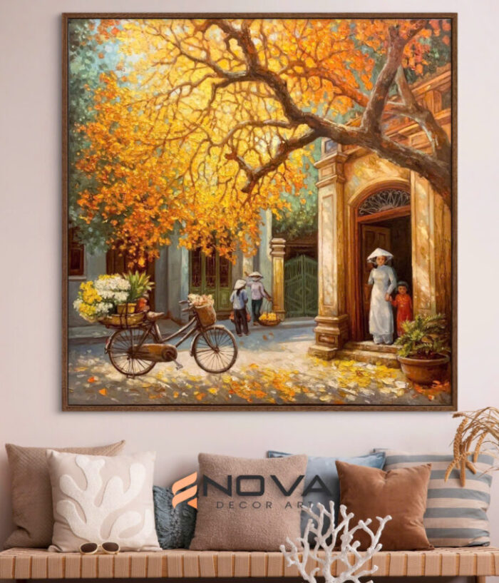 tranh phố cổ mùa là bay