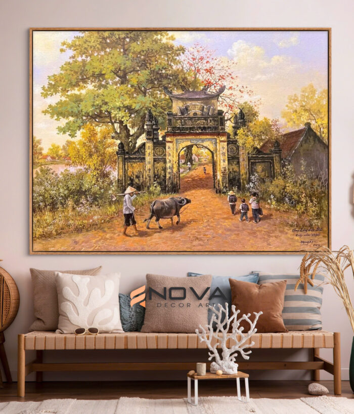 Trang phong cảnh đồng quê- tranh cổng làng- LQ002